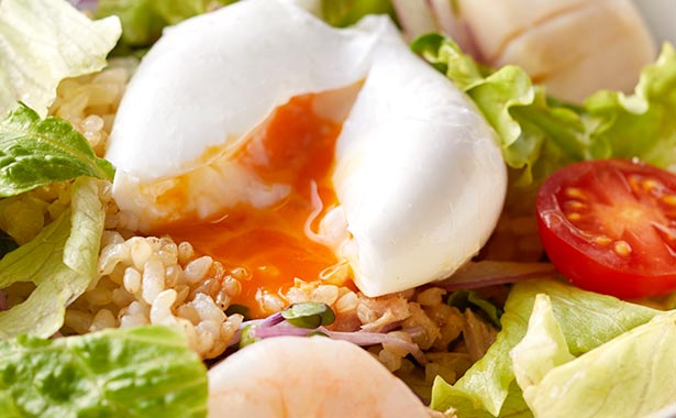 Seafood salad Served with brown rice and poached eggs